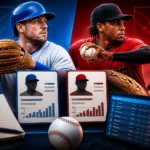 Fantasy baseball themed editorial graphic with first base and shortstop imagery beside roster-trend visuals