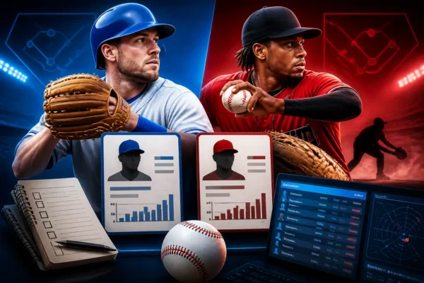 Fantasy baseball themed editorial graphic with first base and shortstop imagery beside roster-trend visuals