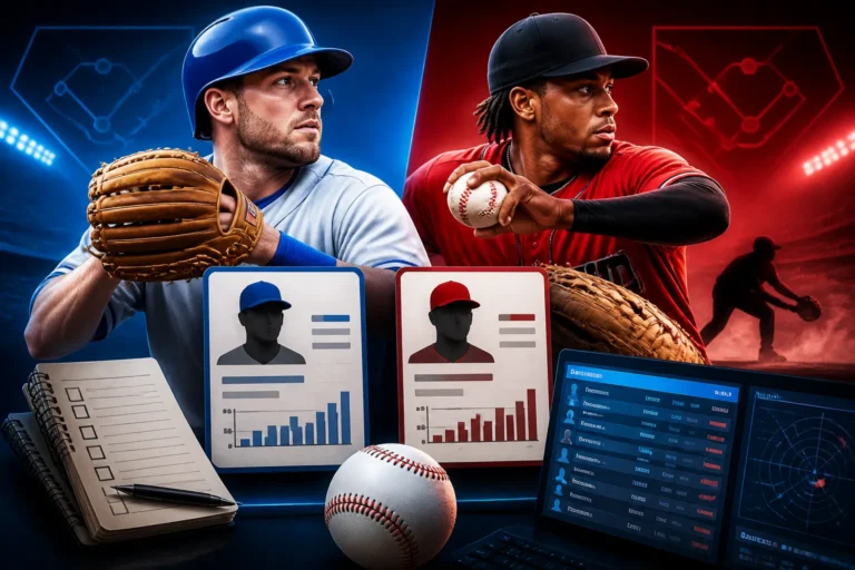 Fantasy baseball themed editorial graphic with first base and shortstop imagery beside roster-trend visuals
