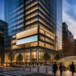 Midtown Manhattan office tower near Penn Station with lit floors and commuter traffic