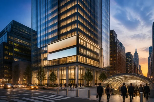 Midtown Manhattan office tower near Penn Station with lit floors and commuter traffic