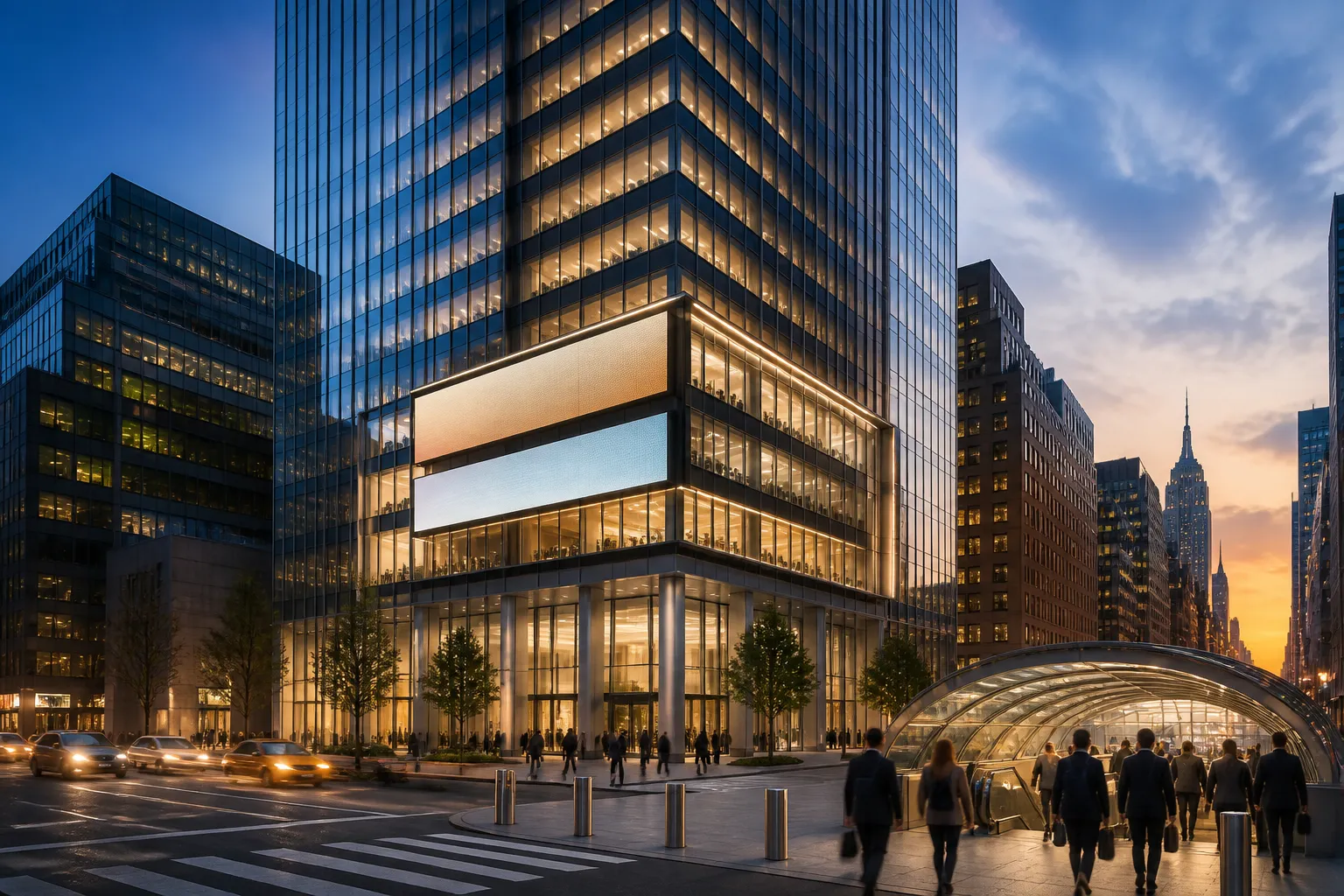 Midtown Manhattan office tower near Penn Station with lit floors and commuter traffic
