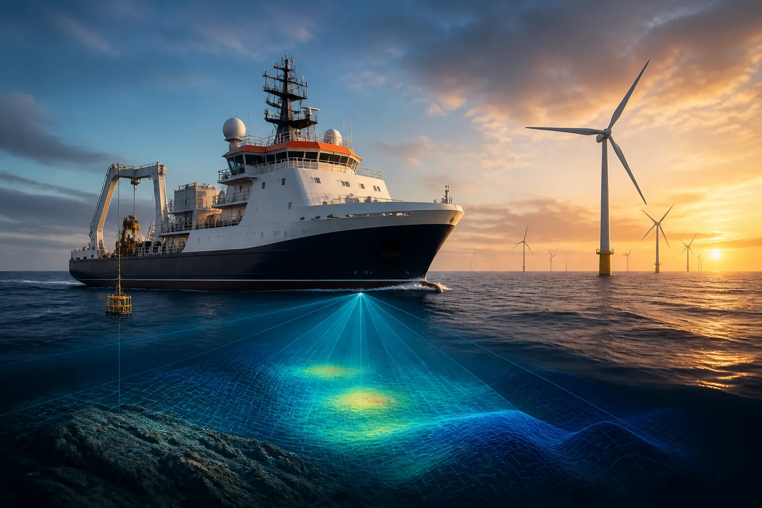 Survey vessel near offshore wind turbines during a site characterization campaign