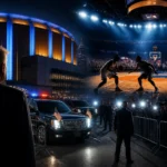 Madison Square Garden at night with security barricades and a presidential motorcade silhouette for a Finals game