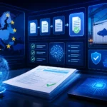 Digital logistics and customs compliance dashboard with fish-import documentation and EU trade visuals