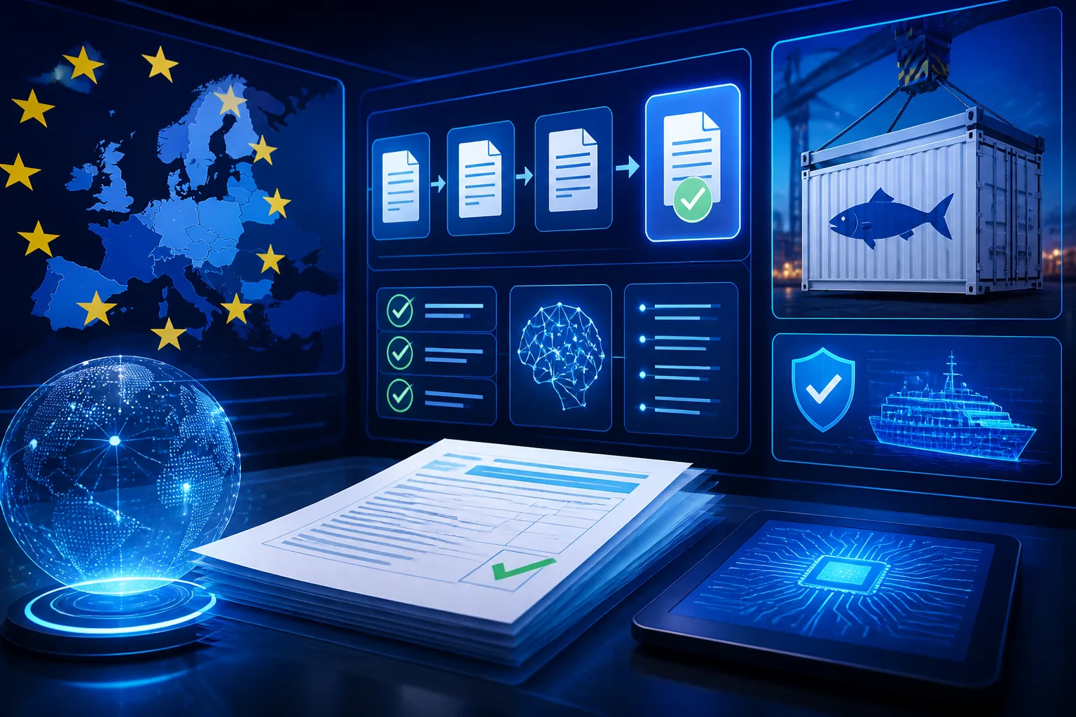 Digital logistics and customs compliance dashboard with fish-import documentation and EU trade visuals