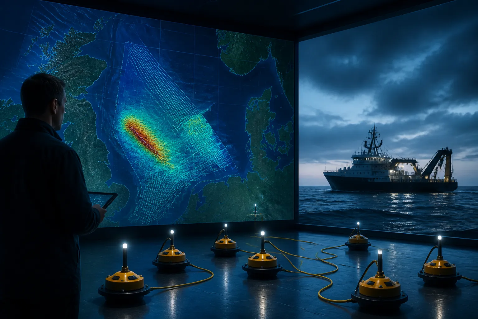 Offshore seismic survey concept with a North Sea map and seabed node equipment