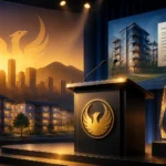 Illustration of a Phoenix business awards setting with housing and banking symbols