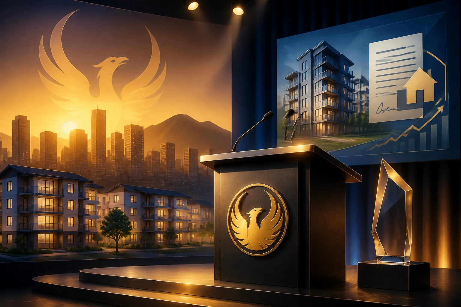 Illustration of a Phoenix business awards setting with housing and banking symbols