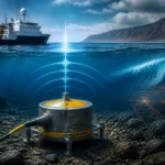 Ocean-bottom seismometer on the seabed with a research ship above and seismic waves visualized