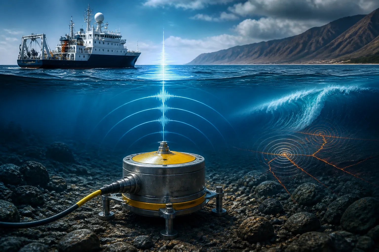 Ocean-bottom seismometer on the seabed with a research ship above and seismic waves visualized