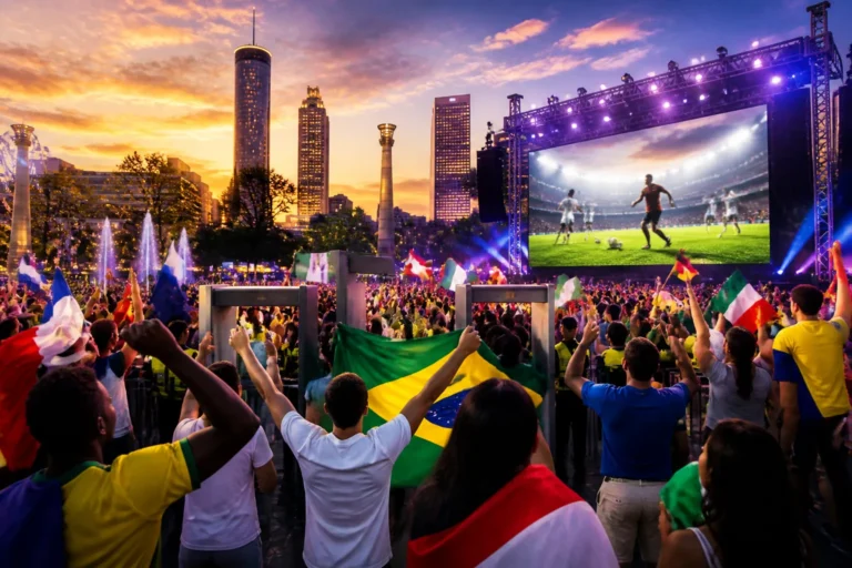 Fans gather at an Atlanta fan festival near Centennial Olympic Park for a World Cup opening-day watch party.