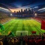 Stylized stadium scene for Brazil vs Morocco in the World Cup 2026 Group C opener in New York