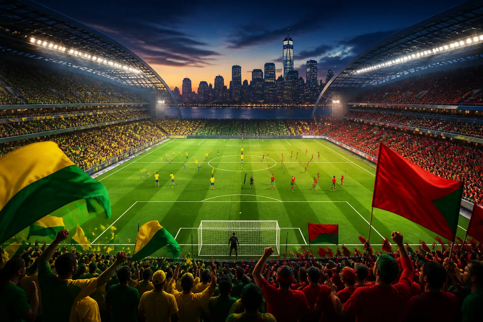 Stylized stadium scene for Brazil vs Morocco in the World Cup 2026 Group C opener in New York
