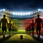Stylized World Cup 2026 preview of Brazil vs Morocco at a large New Jersey stadium