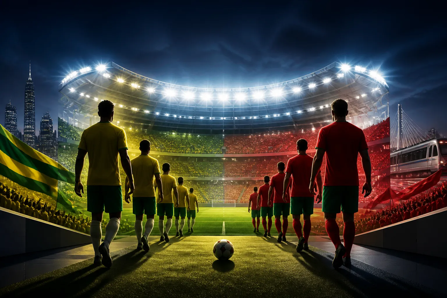 Stylized World Cup 2026 preview of Brazil vs Morocco at a large New Jersey stadium