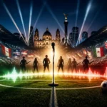 Illustration of a World Cup 2026 opening ceremony atmosphere in Mexico City with musical stage lighting and a soccer stadium backdrop.
