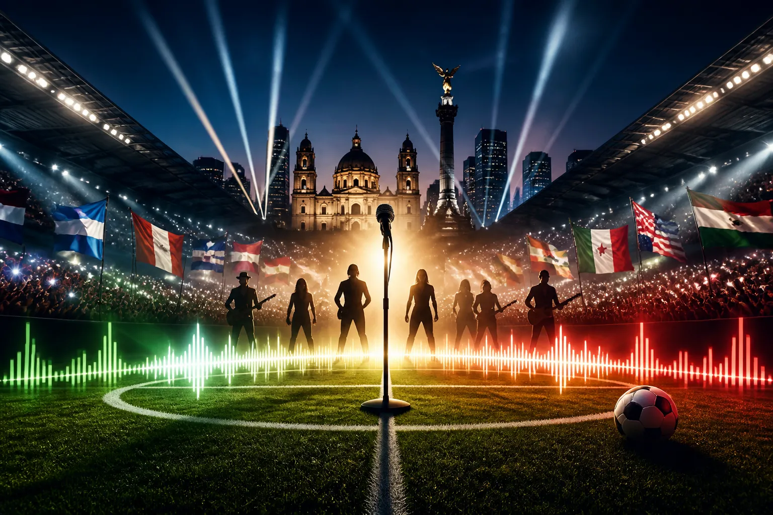 Illustration of a World Cup 2026 opening ceremony atmosphere in Mexico City with musical stage lighting and a soccer stadium backdrop.