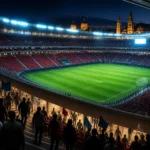 Stylized World Cup stadium scene showing visible empty seats and fans standing in concourses during a match in Guadalajara.