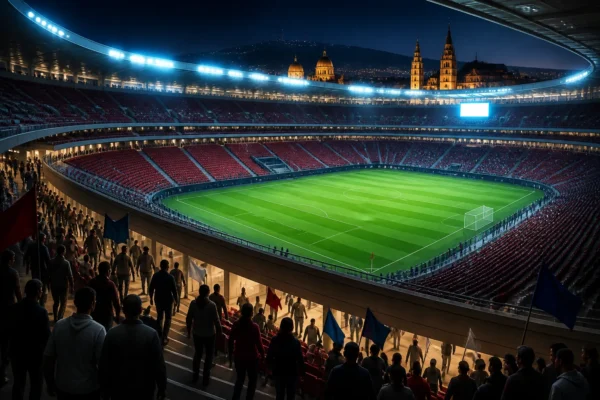 Stylized World Cup stadium scene showing visible empty seats and fans standing in concourses during a match in Guadalajara.