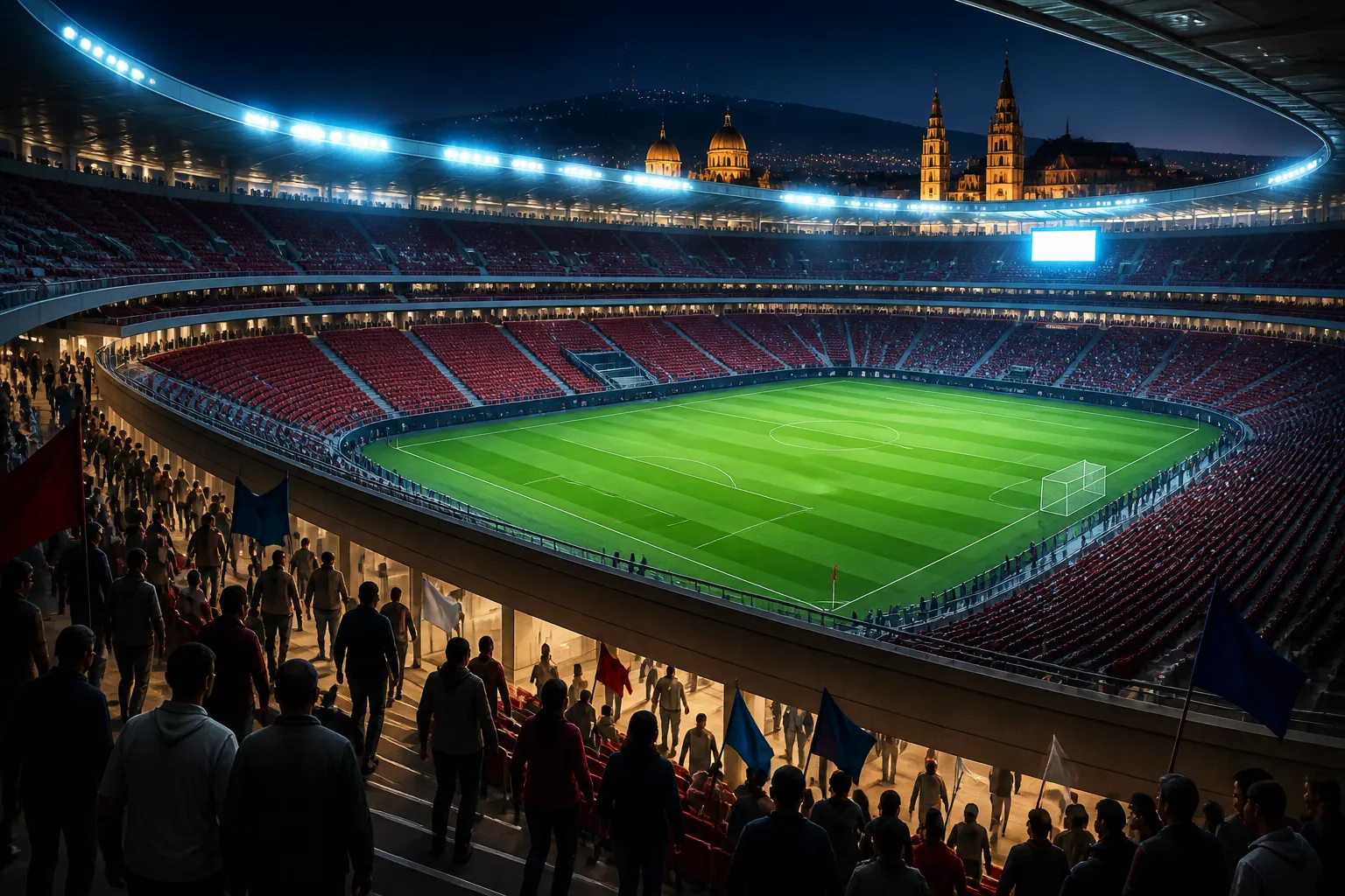 Stylized World Cup stadium scene showing visible empty seats and fans standing in concourses during a match in Guadalajara.