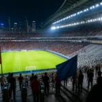 Illustration of a World Cup stadium with some empty-looking seats and fans gathered in the concourse areas.