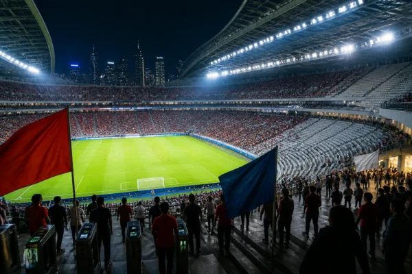 Illustration of a World Cup stadium with some empty-looking seats and fans gathered in the concourse areas.