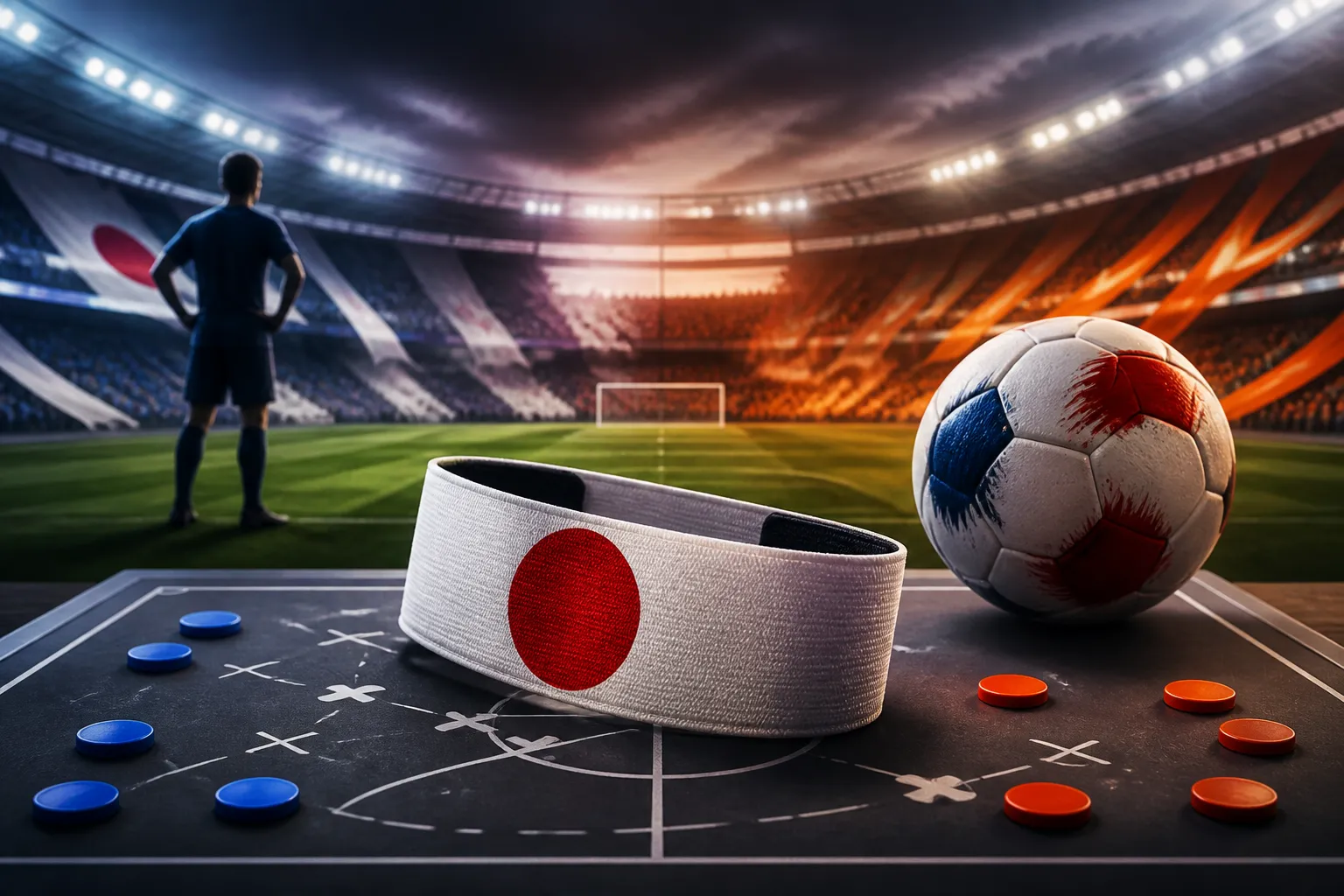 Editorial illustration showing a captain’s armband and football before Japan’s World Cup opener