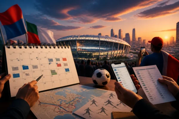 Editorial illustration of fans planning around a World Cup 2026 matchday calendar and stadium atmosphere.