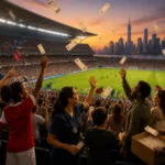 Diverse New Jersey fans and community members outside a World Cup stadium with symbolic tickets in a civic celebration scene.