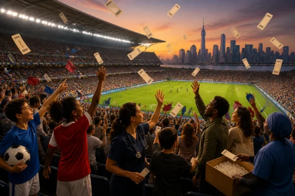 Diverse New Jersey fans and community members outside a World Cup stadium with symbolic tickets in a civic celebration scene.