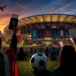 Illustration of fans and travel themes outside a stadium as the World Cup 2026 opens in Mexico City.