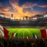 Illustration of a packed Mexico City stadium on World Cup 2026 opening day