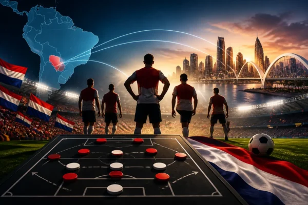 Editorial illustration of Paraguay’s disciplined World Cup 2026 Group D challenge.