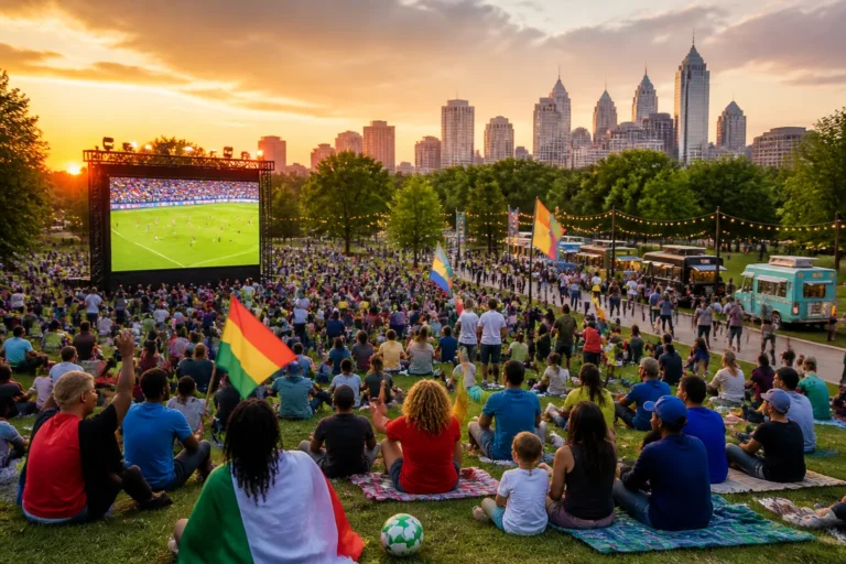 Fans gather at Philadelphia’s Lemon Hill for a World Cup-themed public festival in a park setting.