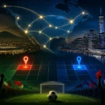 Illustration of the World Cup 2026 schedule reveal with Mexico City and New York New Jersey highlighted on a calendar and stadium backdrop.