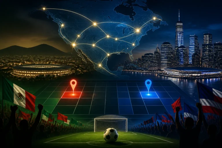Illustration of the World Cup 2026 schedule reveal with Mexico City and New York New Jersey highlighted on a calendar and stadium backdrop.