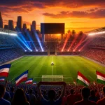 Stylized illustration of the United States and Paraguay meeting in a World Cup 2026 opener in Los Angeles stadium atmosphere.