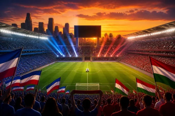 Stylized illustration of the United States and Paraguay meeting in a World Cup 2026 opener in Los Angeles stadium atmosphere.