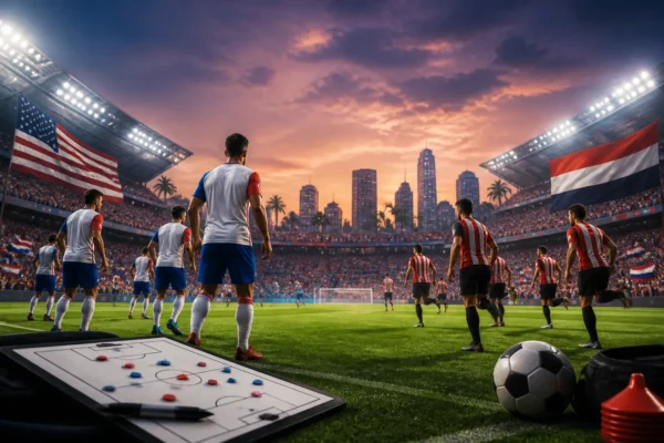 Generic football scene at a packed Los Angeles stadium for a World Cup group match