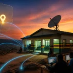 A symbolic rural digital centre scene in Zimbabwe with satellite connectivity visuals