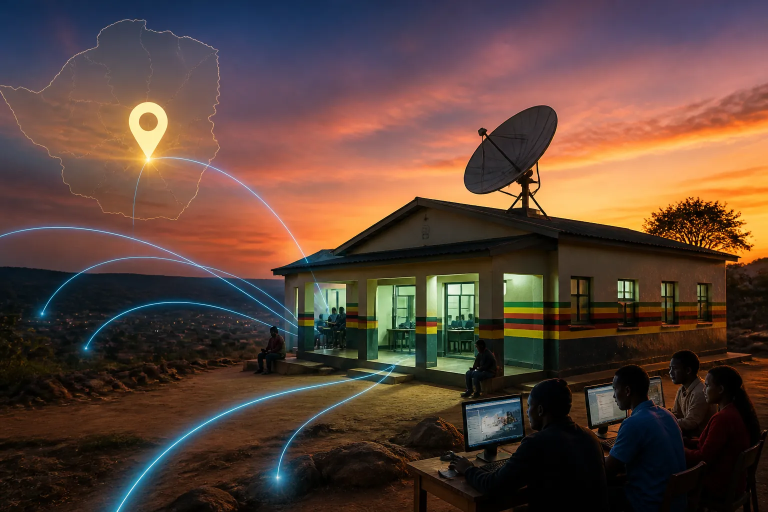 A symbolic rural digital centre scene in Zimbabwe with satellite connectivity visuals