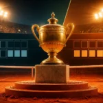Tennis trophy on a clay-court podium under stadium lights representing the French Open final
