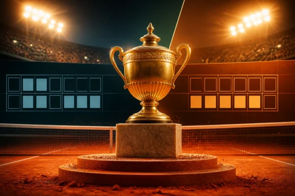 Tennis trophy on a clay-court podium under stadium lights representing the French Open final